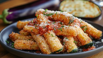 Delicious crispy zucchini fries with marinara sauce and parmesan cheese food diet herb lunch snack