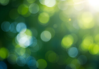 Obraz premium With soft green and blue circles illuminated by bright sunlight rays, a blurred abstract bokeh background presents a calm and ethereal natural light effect