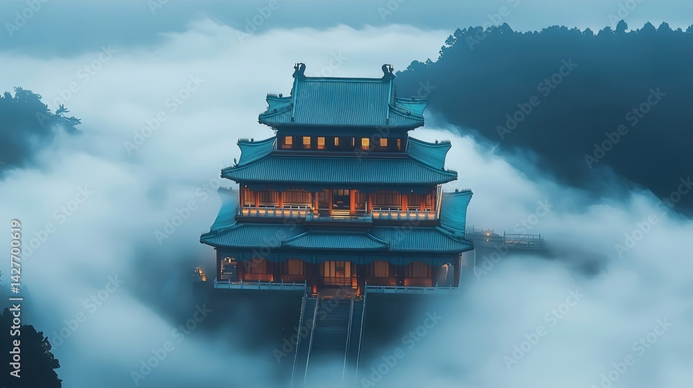Aufkleber 霧の中に浮かぶ中国伝統寺院の幻想的な風景 夜の照明と神秘的な雰囲気の美しい風景