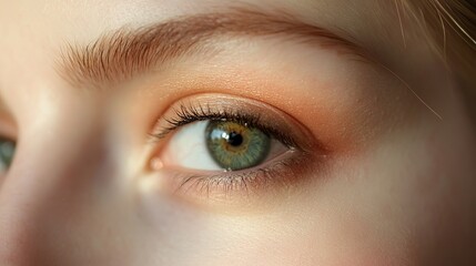Obraz premium Closeup of a beautiful womans eye with peach eyeshadow and green iris girl brow face skin look gaze