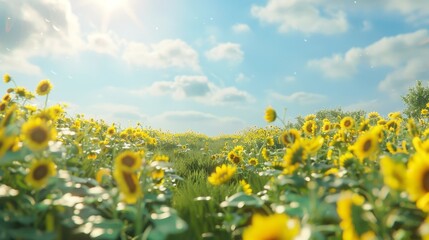 Naklejka premium Sunflowers field on sunny day. sunflower. field. Flowers. flower