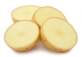 Closeup of four potato halves showing the starchy interior on a white background in a studio shot