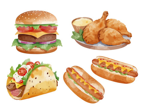 fast food set watercolor vector hamburger taco hotdog street food kitchen menu restaurant