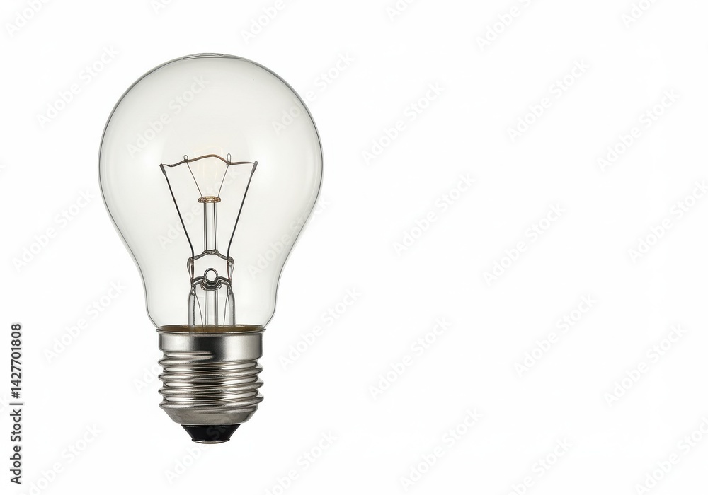 Poster a clear lightbulb with a filament and a metal base on a white background in a studio setting