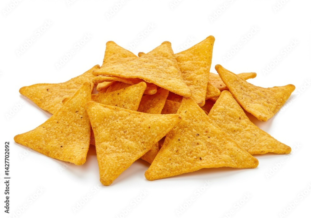 Poster a pile of triangular yellow tortilla chips on a white background displayed in a studio setting close