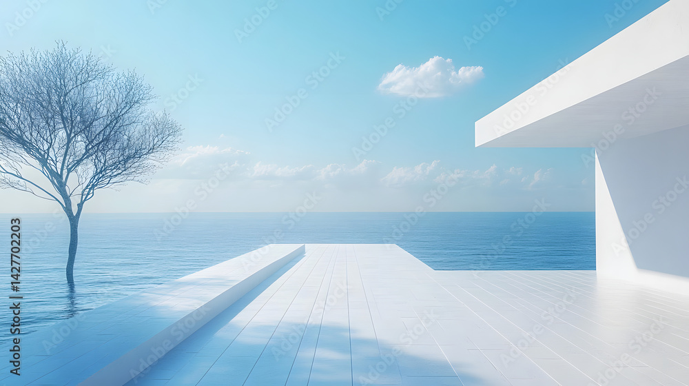 Poster serene ocean view with minimalist architecture tranquil scene horizontal white background