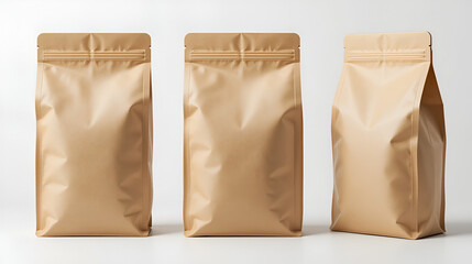 Realistic coffee bag mockup isolated on white background. Front, half side and side views. The set helps to present coffee. Can be use for your design, advertising, promo and etc. EPS10.