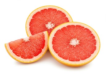 Three grapefruit slices with pink pulp and yellow rind arranged on a white background surface area
