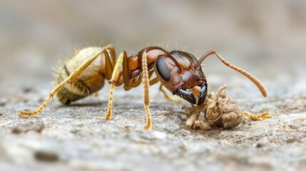 Fototapeta premium Ants carrying food crumbs outdoor soil environment macro photography nature close-up insect behavior
