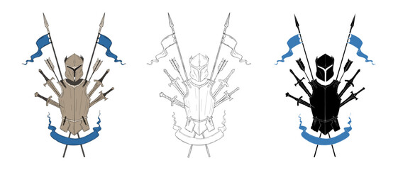 Helmet with armor and crossed spears, flags, arrows, and swords, color, outline, monochrome