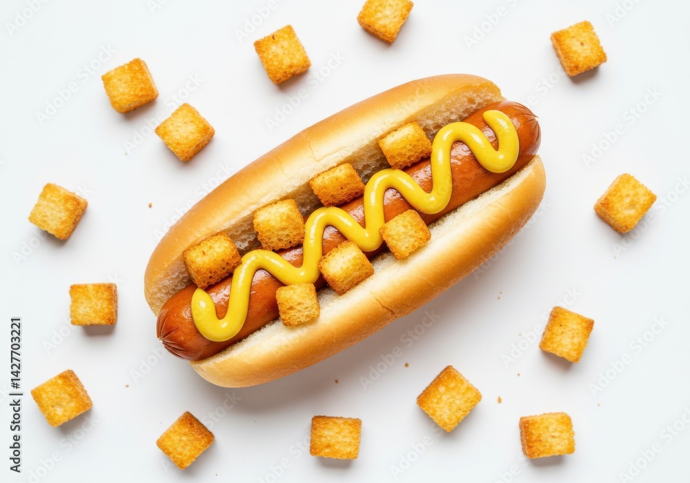 Poster a hotdog in a bun with mustard and croutons scattered around on a white surface from a top view angl