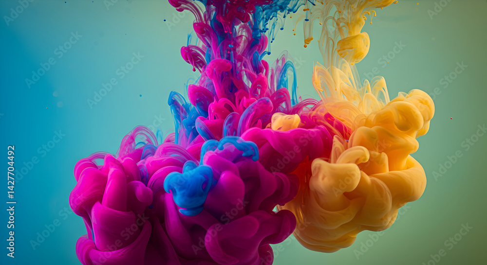 Poster colorful ink cloud bursting in water mixing and creating unique pattern