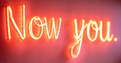 Bright neon sign displays words Now you. Red illumination dominates image, creating bold visual statement. Simple, direct message.