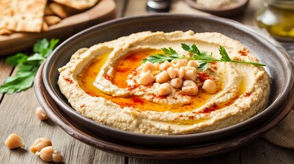 Delicious creamy hummus with chickpeas olive oil and paprika dip eat red food meal bowl spice tasty