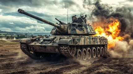 a close up of a tank with a gun on a desert field, futuristic battle tank, futuristic tank is on fire