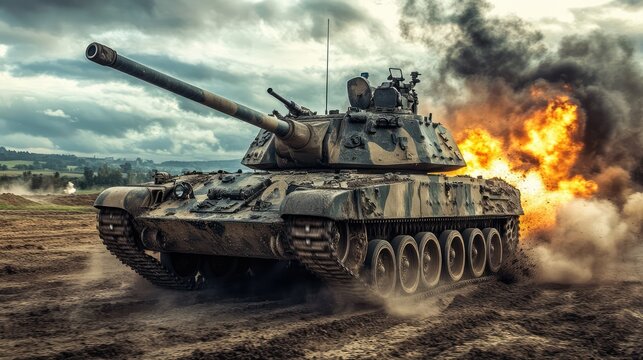 a close up of a tank with a gun on a desert field, futuristic battle tank, futuristic tank is on fire