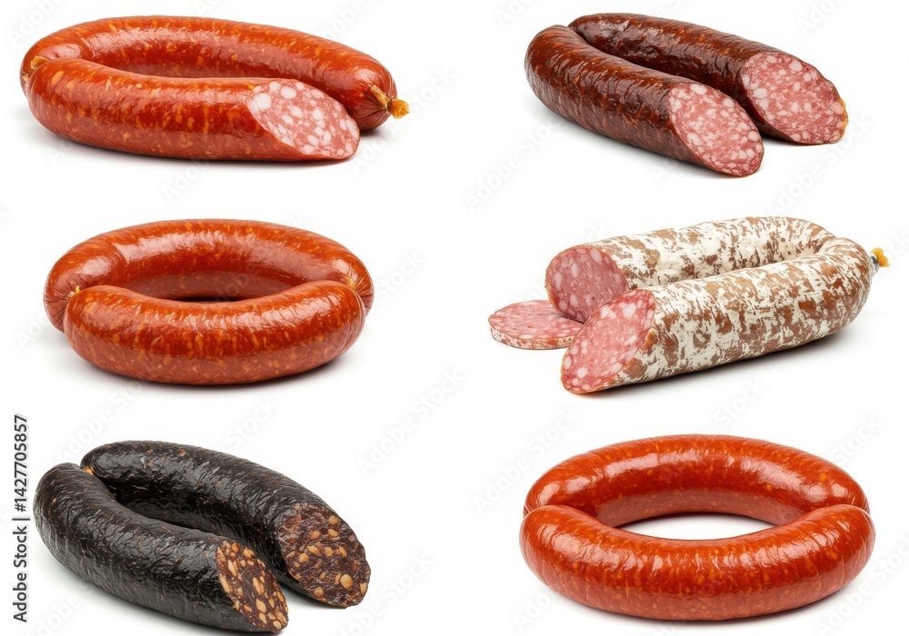 Poster a selection of various types of sausages including smoked and cured on a white background in a studi