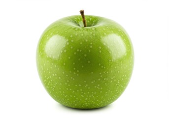 A single green apple with a stem centered on a white background in a studio shot close up view