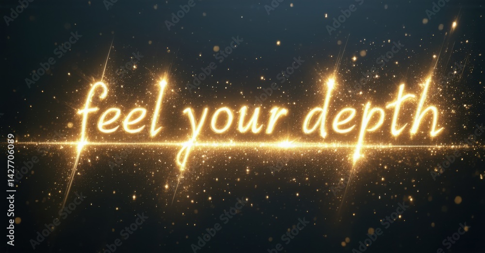 Fototapete golden text reads feel your depth over dark background. glittering particles create luminous effect,