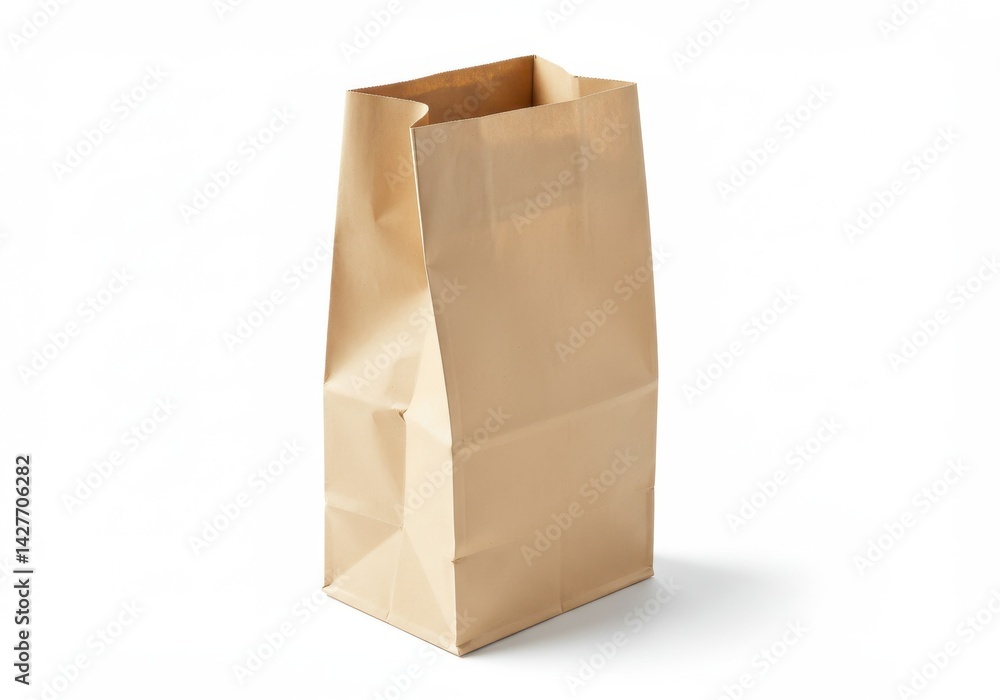 Poster a simple brown paper bag standing upright on a white surface in a well lit studio setting view from 