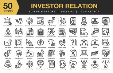 Investor Relation icon set. Editable Stroke Icon Collection. Includes business, investor, finance, global, success, company, and More. Outline icons vector collection.