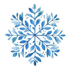 Fototapeta premium Whimsical winter snowflake design. Delicate blue floral branches form a symmetrical snowflake pattern. Watercolor-like textures and soft shading create a gentle aesthetic