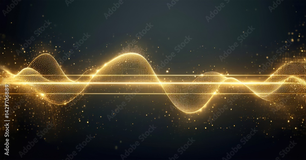Poster Golden wave pattern. Particles form undulating lines, bright against dark background. Abstract digital illustration, energy flow visible.