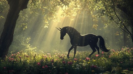 A majestic black unicorn with a long, flowing mane and tail strides gracefully through a sunlit forest