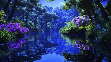 serene and magical forest scene with vibrant purple flowers and lush greenery reflecting in tranquil blue lake, evoking sense of peace and wonder