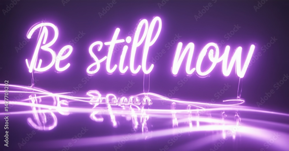 Poster bright purple neon sign displays cursive text. below, blurred figures suggest movement, creating dyn