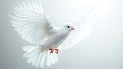 Obraz premium Graceful white dove in flight pure white background nature photography symbol of peace