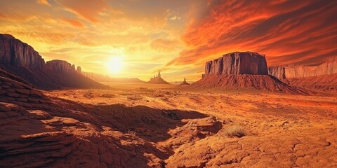 A captivating view of the Arizona desert where expansive landscapes meet rugged, jagged peaks under a radiant and colorful sky.