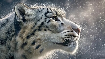 Obraz premium Snow leopard portrait with spotted fur in a snowy outdoor environment.