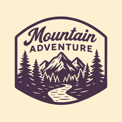 Mountain Adventure with River and Pine Trees Graphic Illustration