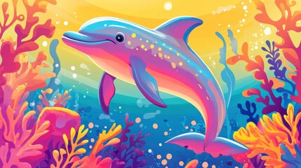 Playful dolphin in vibrant underwater scene