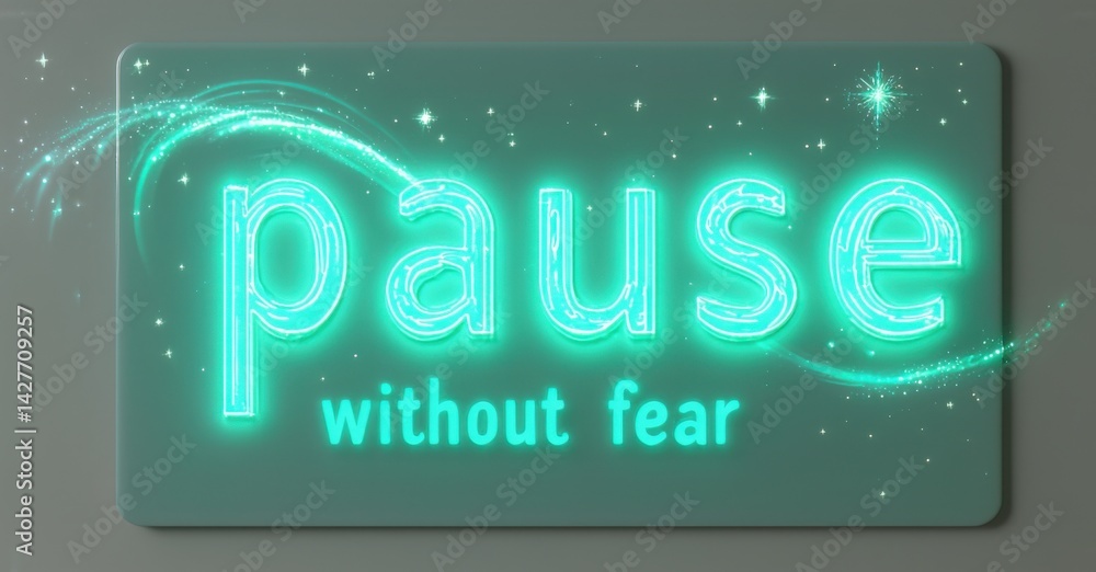 Poster bright neon sign displays pause above text without fear. teal background features sparkling stars, c