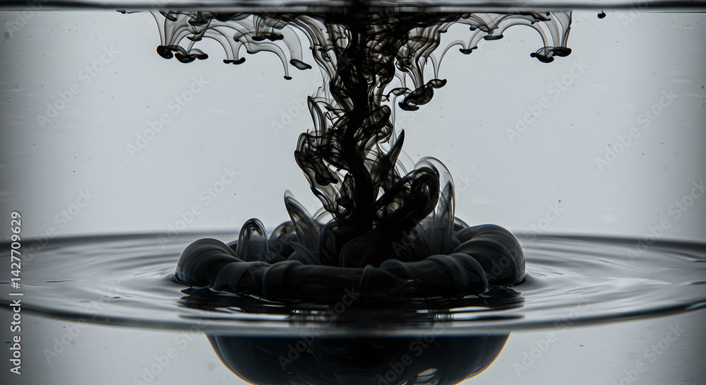 Poster abstract black ink dropped into water creating complex patterns and designs