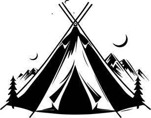 Camping Icon – Minimal Outdoor Adventure Tent Symbol in Black and White Vector