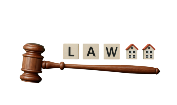 Real Estate LAW Concept with Mini House Shapes and Wooden Gavel – Isolated on Transparent Background