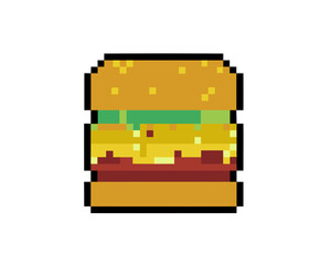 The isolated 8 bits pixel art cheeseburger fast food icon