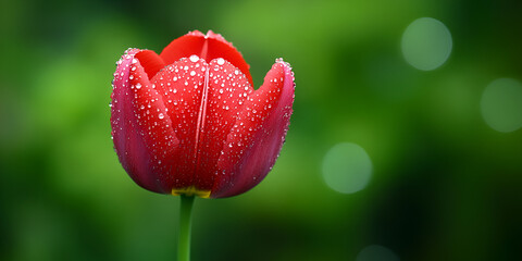 Close-up of Red Tulip with Dew Drops, Vibrant Red Tulip Flower with Morning Dew, Beautiful Red Tulip Blooming After Rain

