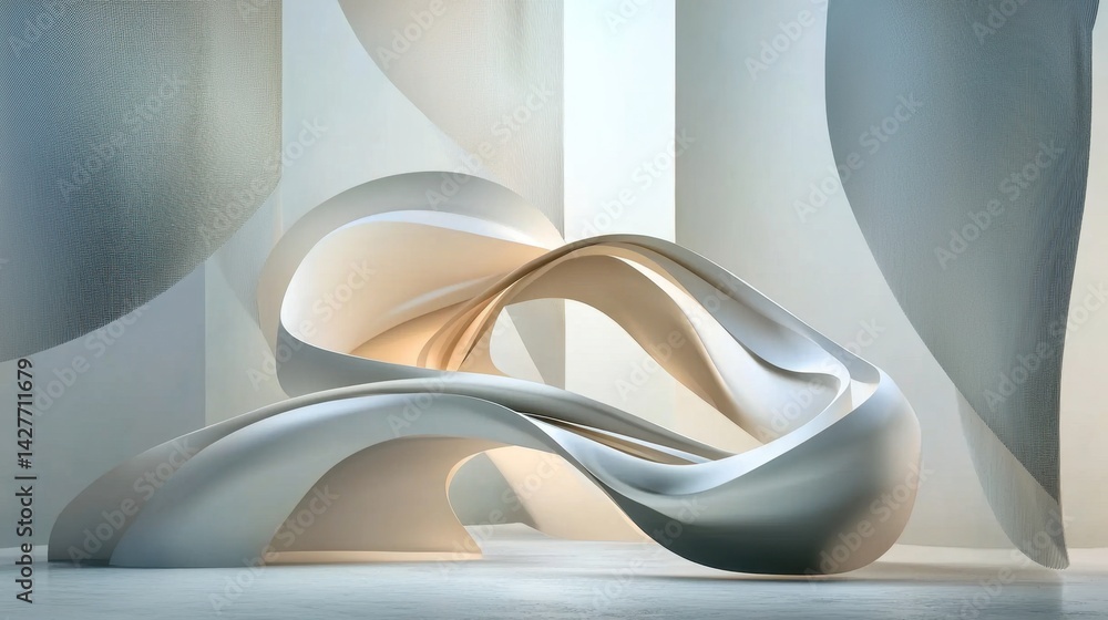 Poster abstract soft waves in shades of white and gray creating a gentle flowing motion