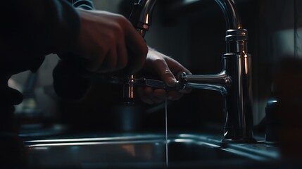 Hand Adjusting a Kitchen Faucet