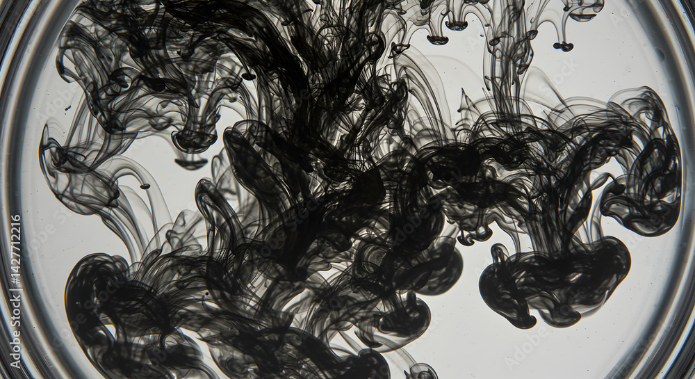 Poster black ink spreading ethereally in water creating abstract shapes and fluid dynamics