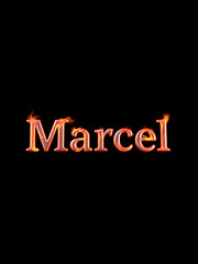 3D fire text effect of name Marcel on dark background.