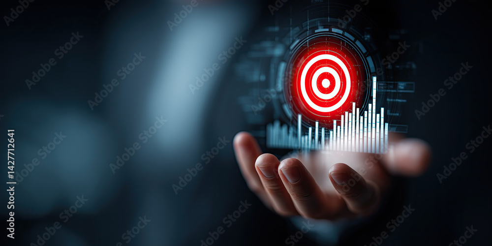 Poster businessman holding virtual screen with glowing red target and data visualization