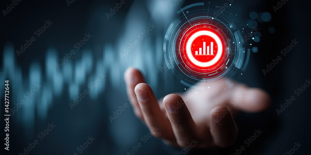 Poster businessman hand presenting glowing virtual screen with red circular icon and data graph