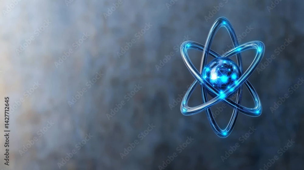 Poster blue atom illustration representing atomic structure and energy in a simplistic yet captivating visu