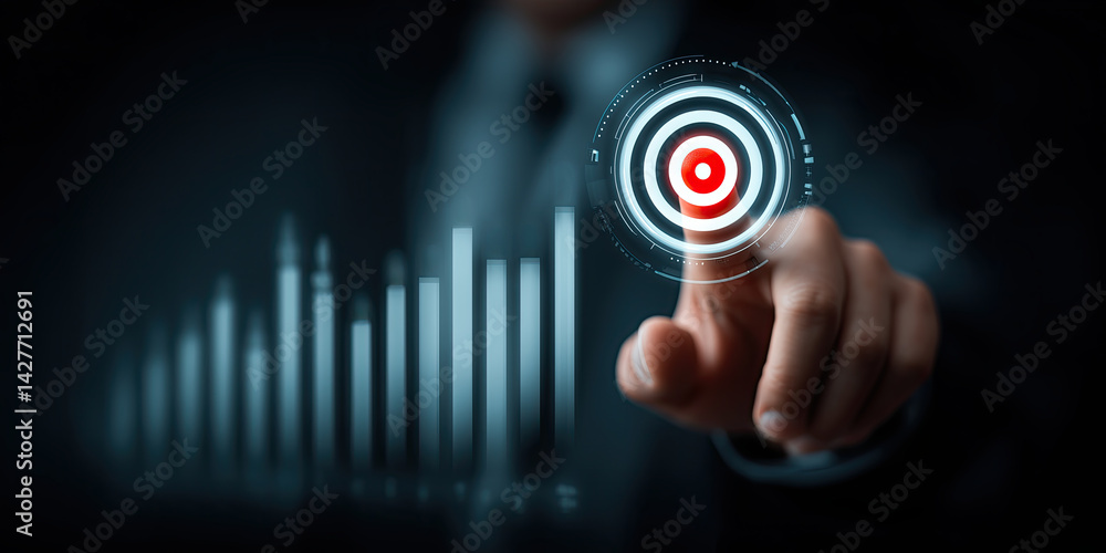 Poster businessman touching virtual screen with target and bar graph, symbolizing strategy