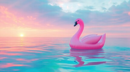 Fototapeta premium Pink inflatable swan floats on tranquil water at sunset